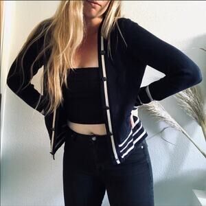 UO Silence Noise Navy Blue White Stripe School Girl Open Cardigan Sweater L